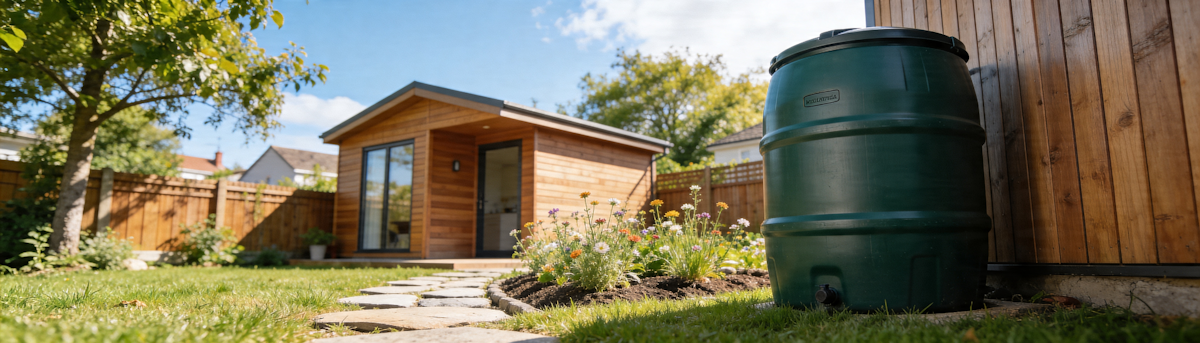 An image of a scenic backyard with lush grass and a rain barrel in the foreground.